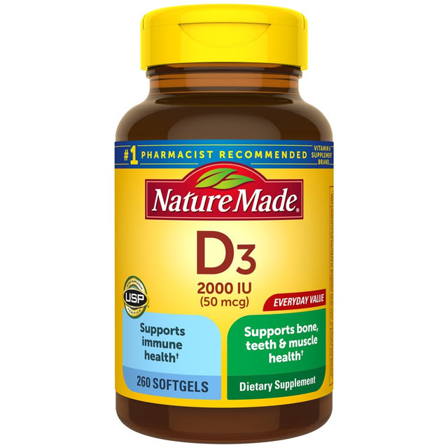 Nature Made Vitamin D3, 260 Softgels, Vitamin D 2000 IU (50 Mcg) Helps Support Immune Health, Strong Bones and Teeth, & Muscle Function, 250% of the Daily Value for Vitamin D- 2 Pack