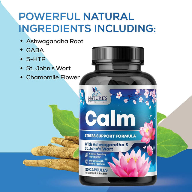 Nature'S Nutrition Calm & Stress Support Supplement - with Magnesium, Ashwagandha, 5-HTP, L-Theanine, GABA - Natural Stress & Immune Support to Relax, Focus, Unwind - Vegan & Non-Gmo - 120 Capsules