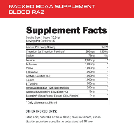 Bucked Up- BCAA RACKED™ Branch Chained Amino Acids | L-Carnitine, Acetyl L-Carnitine, GBB | Post Workout Recovery, Protein Synthesis, Lean Muscle Bcaas That You Can Feel! 30 Servings (Blood Raz)