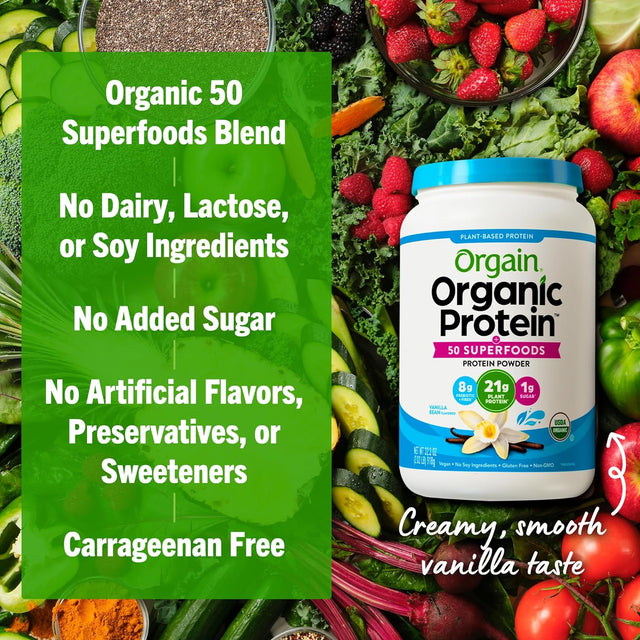 Orgain Organic Protein + Superfoods Powder, Vanilla Bean - 21G of Protein, Vegan, Plant Based, 5G of Fiber, No Dairy, Gluten, Soy or Added Sugar, Non-Gmo, 2.02Lb