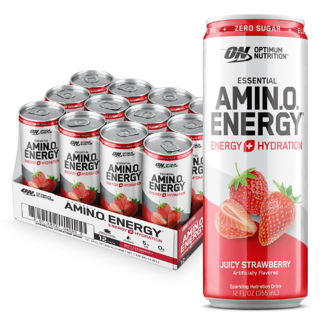 Optimum Nutrition Amino Energy Sparkling Hydration Drink, Electrolytes, Caffeine, Amino Acids, Bcaas, Sugar Free, Juicy Strawberry, 12 Fl Oz, 12 Pack (Packaging May Vary)