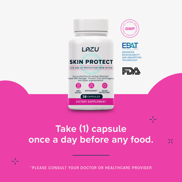 LAZU Skin Protect Enhanced Skin & Sun Protection, Photoaging & Hyper-Pigmentation, Polypodium Leucotomos Extract (PLE) 250Mg, plus Nicotinamide & Vitamins, Improved Bioavailability 30 Caps, 1 Month