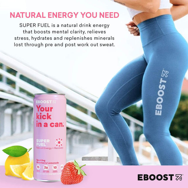 EBOOST Super Fuel Natural Nootropic Energy Drink | Electrolytes + Vitamins (B12) + Milk Thistle | Sports Preworkout Drink, Healthy Mixer, Travel, Work/Study (12 Fl Oz, 24 Pack) (Strawberry Lemonade)