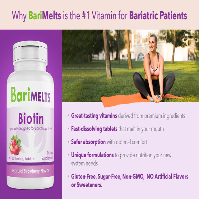 Barimelts Bariatric Biotin to Support Healthy Skin, Hair, and Nails Growth, Post Weight Loss Surgery Patients, 90 Smooth-Dissolving Tablets, Strawberry Flavor