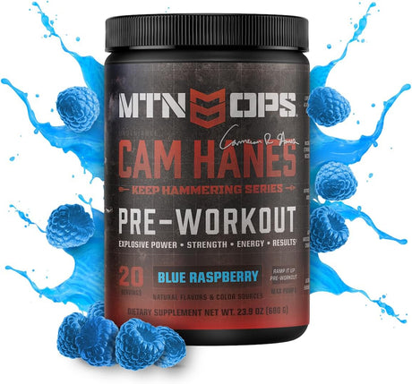 MTN OPS Pre-Workout Powder Energy Drink Keep Hammering Series by Cameron Hanes, Blue Raspberry, 20 Servings, 23.2Oz