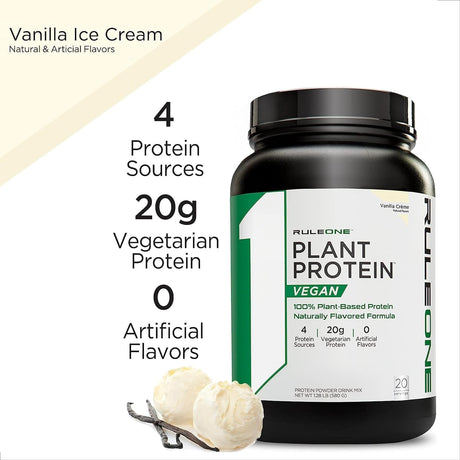 Rule 1 R1 Plant Protein, Vanilla Creme - 1.28 Lbs Powder - 20G Vegan Protein + Naturally Occurring Amino Acids - 20 Servings