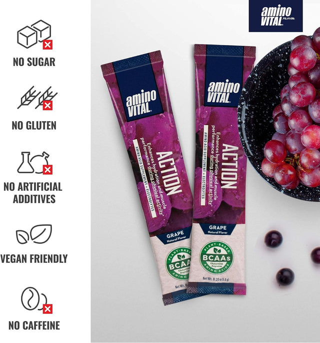 Amino Vital Action & Rapid Recovery- BCAA Amino Acids Pre and Post Workout Packets | No Caffeine, Vegan, Gluten Free | 14 Single Serve Stick Pack | Grape and Blueberry Flavor