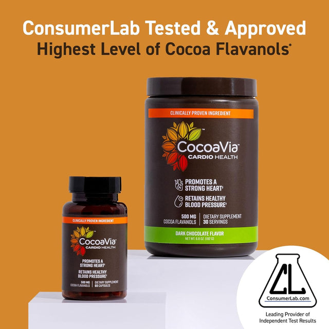 Cocoavia Cardio Health Cocoa Powder, 30 Servings, 500Mg Cocoa Flavanols, Support Heart Health, Boost Nitric Oxide, Improve Circulation, Energy, Preworkout, Vegan, Dark Chocolate Cacao