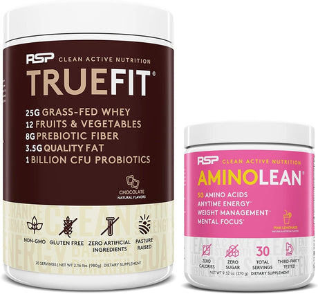 RSP NUTRITION Aminolean Pre Workout Energy (Pink Lemonade 30 Servings) with Truefit Protein Powder (Chocolate 2 LB)