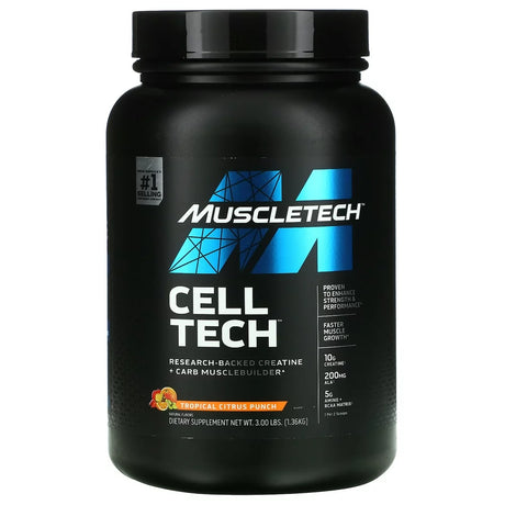 Muscletech Cell Tech, Research-Backed Creatine + Carb Musclebuilder, Tropical Citrus Punch, 3 Lbs (1.36 Kg)