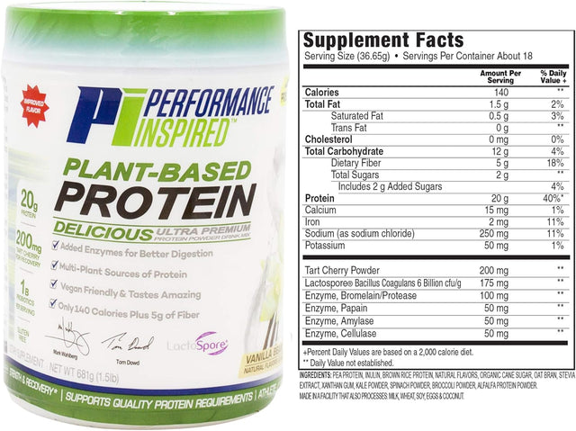 Performance Inspired Nutrition Plant-Based Protein Powder - All Natural - 20G - 1B Probiotics - Digestive Enzymes - Fiber Packed - G Free - Vanilla Bean - 1.5 Lb