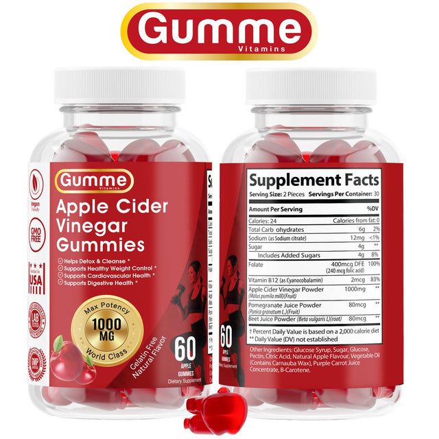 Gumme Apple Cider Vinegar Gummies Weight Management ACV Gummy Appetite Suppressant Beetroot Chewable, No Pills Capsules, Diet Supplement Women Men Detox Cleanse 60 Count