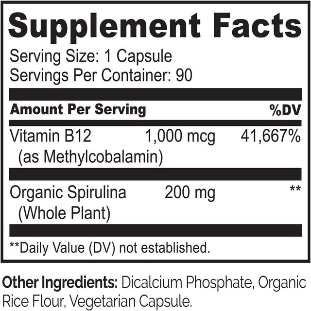 NATURELO Vegan B12 - Methyl B12 with Organic Spirulina - High Potency Vitamin B12 1000 Mcg Methylcobalamin - Supports Healthy Mood, Energy, Heart & Eye Health - 90 Capsules