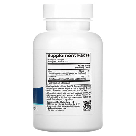 Lutein by Lake Avenue Nutrition - with Lutein & Zeaxanthin from Marigold Extract - Supports Antioxidant Activity & Eye Health - Vegetarian Friendly - Gluten Free, Non-Gmo - 20 Mg - 120 Veggie Softgels