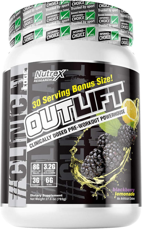 Nutrex Outlift Clinically Dosed Pre Workout Powder with Creatine, 8G Citrulline, BCAA | Energy, Performance, Pump Preworkout Supplement for Men & Women (30 Servings, Blackberry Lemonade)