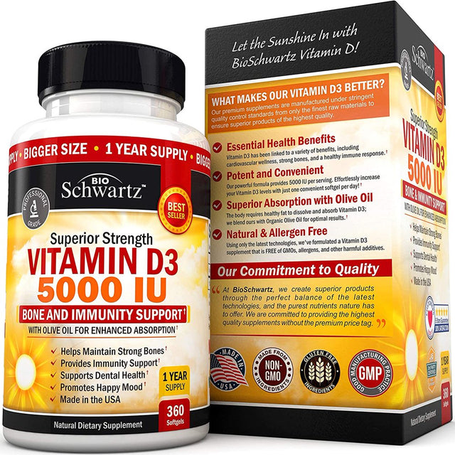 Bioschwartz Vitamin D3 5000 IU | Bone Strength and Immunity Support | Gluten Free & Non-Gmo 360 Ct