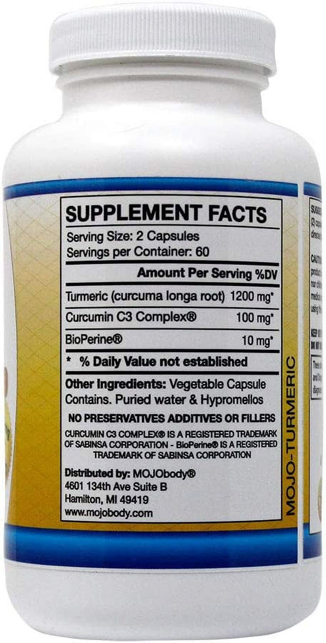 Mojobody Turmeric Curcumin C3 Complex High Absorption Formula with Bioperine Black Pepper, Natural Anti-Inflammatory, 1300Mg per Serving, 120 Veggie Capsules