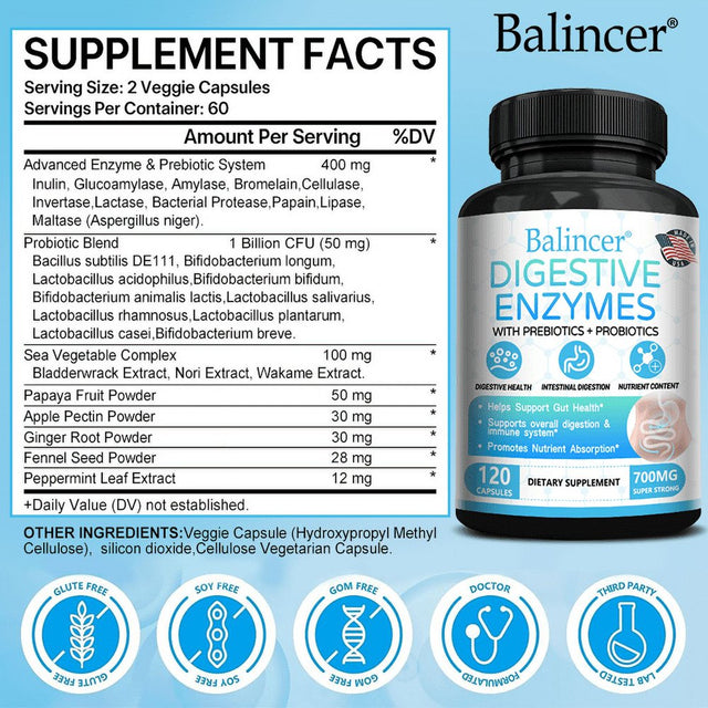 Balincer Digestive Enzyme Supplement - 700 Mg - Vegetarian Formula for Gut Health, Digestive & Immune Support