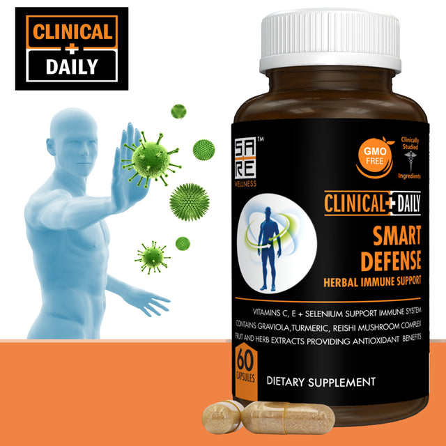 CLINICAL DAILY Smart Defense Herbal Immune Support Supplement. Immunity Vitamins for Women and Men, Vitamin C, E, Selenium, 22 in 1 Herbs plus Mushroom Complex. Graviola, Garlic, Lycopene. 60 Capsules