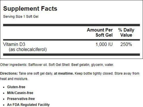 Carlson Vitamin D3 1000 IU, Softgels