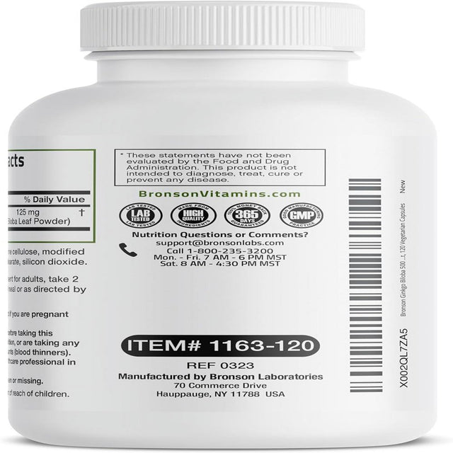 Bronson Ginkgo Biloba Extra Strength 125Mg (4:1 Extract) Equivalent to 500Mg per Serving - Supports Brain Function & Memory Support, 120 Vegetarian Capsules 120 Count (Pack of 1)