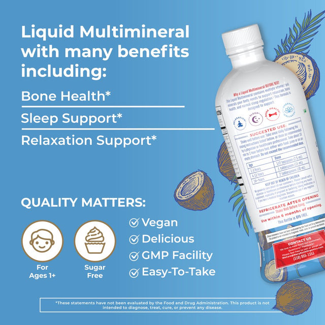 Maryruth Organics | Multimineral Supplement | Sleep Support, Relaxation, Bone Health for Adults & Kids | Coconut Flavor | Vegan | Gluten Free | Sugar Free | 32 Servings