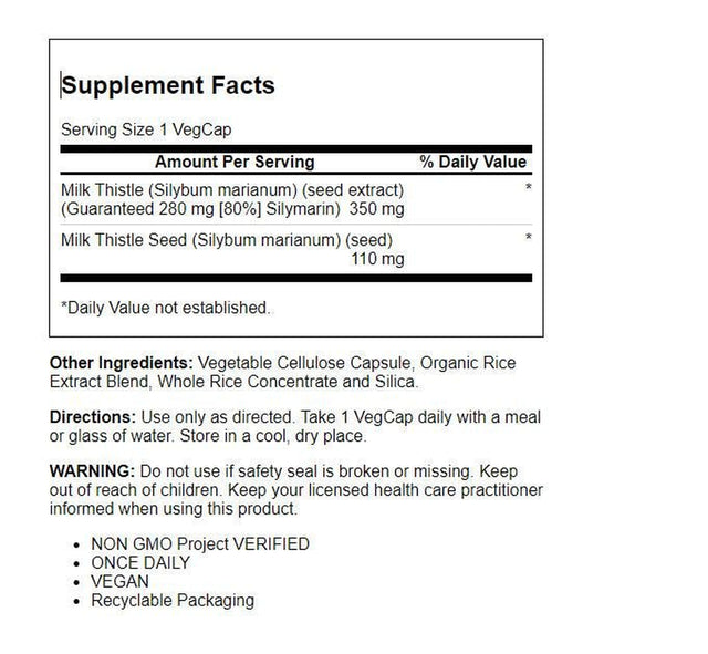 Solaray Milk Thistle Seed Extract 350 Mg, with 80% Silymarin, Traditional Herbal Support for Liver Health, 60 Vegcaps