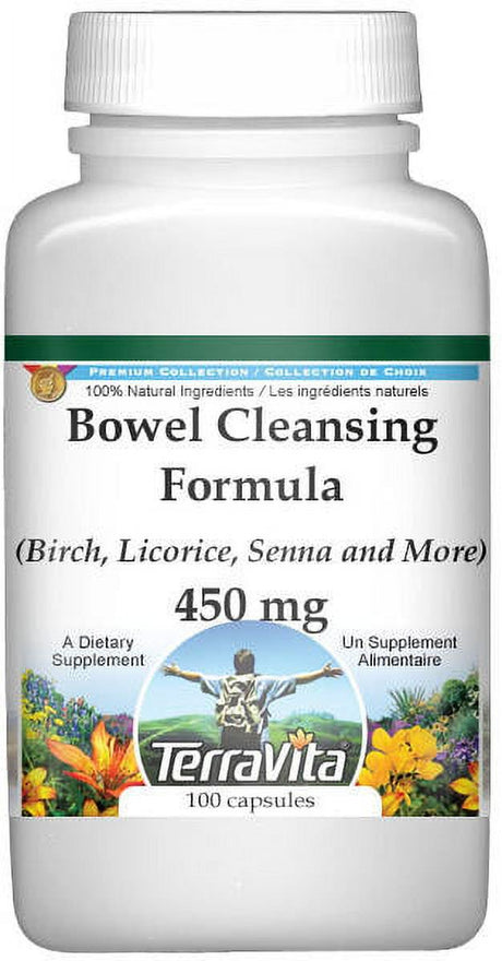 Terravita Bowel Cleansing Formula - Birch, Licorice, Senna and More - 450 Mg, (100 Capsules, 1-Pack, Zin: 512177)