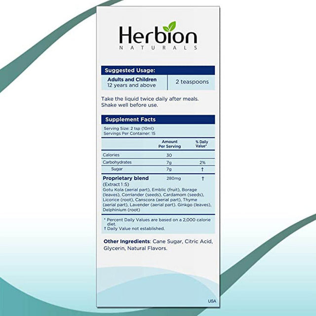 Herbion Naturals Memory Support Liquid - Helps Improve Brain Function & Absent Mindedness, Reduce Anxiety & Fatigue, Soothe Stress & Improve Mood - Adults and Children over 12 Yo - 5 Fl Oz (150 Ml)