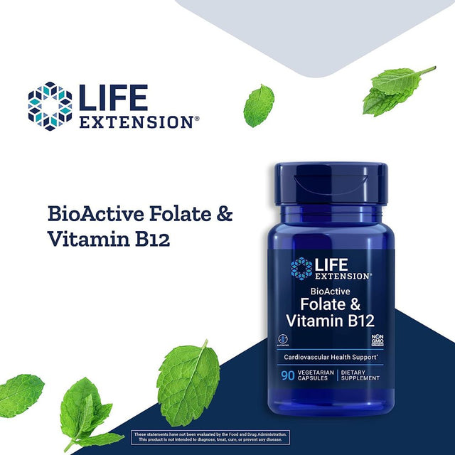 Life Extension Bioactive Folate & Vitamin B12 - Promotes Heart, Brain & GI Tract Health - Gluten-Free, Non-Gmo - 90 Vegetarian Capsules (3-Month Supply)