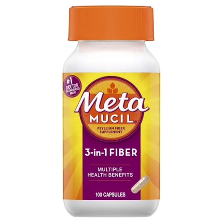 Metamucil 3-In-1 Daily Fiber Supplements Capsules, Psyllium Husk Fiber for Digestive Health, 100 Ct