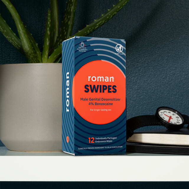 Roman Swipes: 4% Male Desensitizing Benzocaine Unscented Wipes, 12 Pack