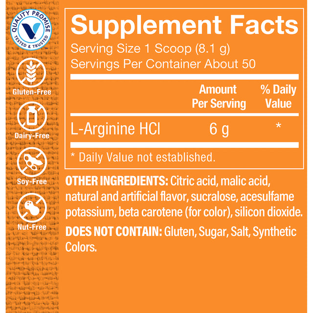 L-Arginine Hcl Amino Acid Powder - Nitric Oxide Booster & Supports Cardiovascular Health - Tropical Flavor (50 Servings)