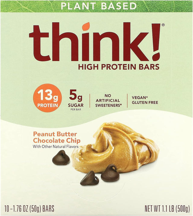 Think! Vegan/Plant Based High Protein Bars - Peanut Butter Chocolate Chip, 13G Protein, 5G Sugar, No Artificial Sweeteners, Non GMO Project Verified, 10 Count (Packaging May Vary)