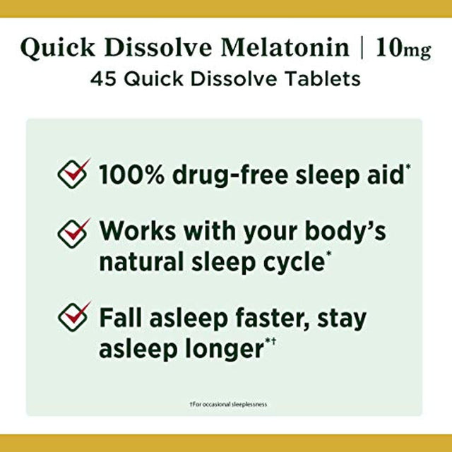 Nature'S Bounty Melatonin, 100% Drug Free Sleep Aid, Dietary Supplement, 10 Mg, 45 Count