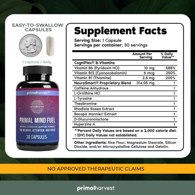 Brain Supplements by Primal Harvest, Primal Mind Fuel 30 Brain Booster Capsules