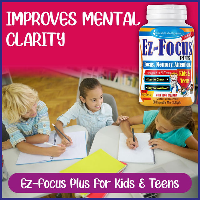 Ez Focus plus Brain Booster Kids Supplements, Support Kids Focus and Attention, Memory, Concentration, Clarity, Focus Supplement for Children and Teens, Brain Support Kids Memory Vitamins- 60 Ct