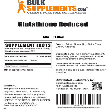 Bulksupplements.Com Glutathione Reduced Powder, 500Mg - Antioxidant Supplement (50G - 100 Servings)