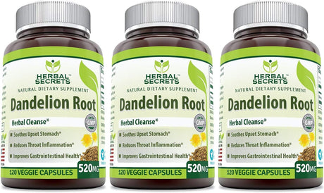 Herbal Secrets Dandelion Root 520 Mg 120 Veggie Capsules (Non-Gmo) - Improve Gastrointestinal Health, Reduces Throat Inflammation, (Pack of 3)