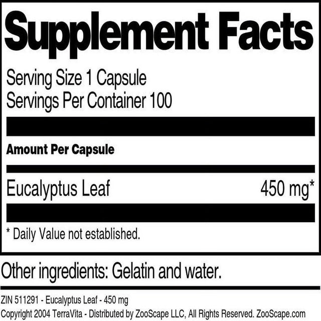 Terravita Eucalyptus Leaf - 450 Mg, (100 Capsules, 1-Pack, Zin: 511291)