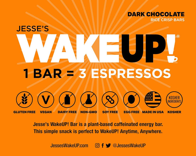 WAKE UP! Caffeinated Chocolate Protein Bars Gluten Free, Vegan Energy 250Mg Plant Based Caffeine, Kosher Boost Focus (1 Bar = 3 Espressos) 6 Pack