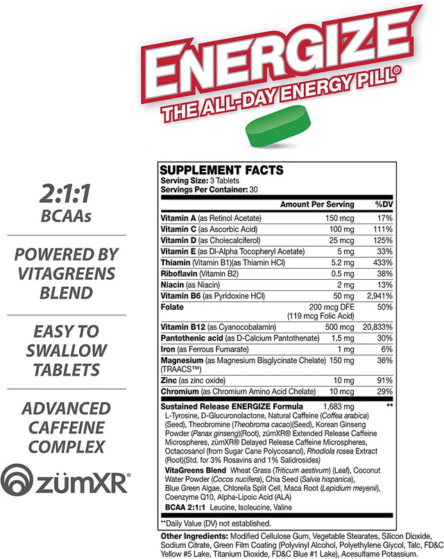 Energize Immunity Caffeine Pills, Energy & Immune Support, Fast Acting, Long-Lasting with Time Release Caffeine, Nootropics, Vitamins, Super Greens & Bcaas, No Jitters, No Crash (90 Tablets)