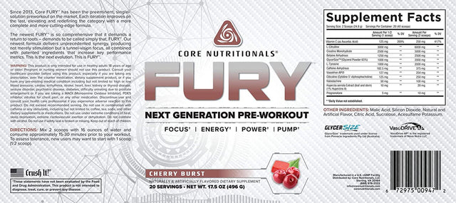 Core Nutritionals Fury Platinum Next Gen Pre Workout 20 Fully Dosed Servings (Cherry Burst)