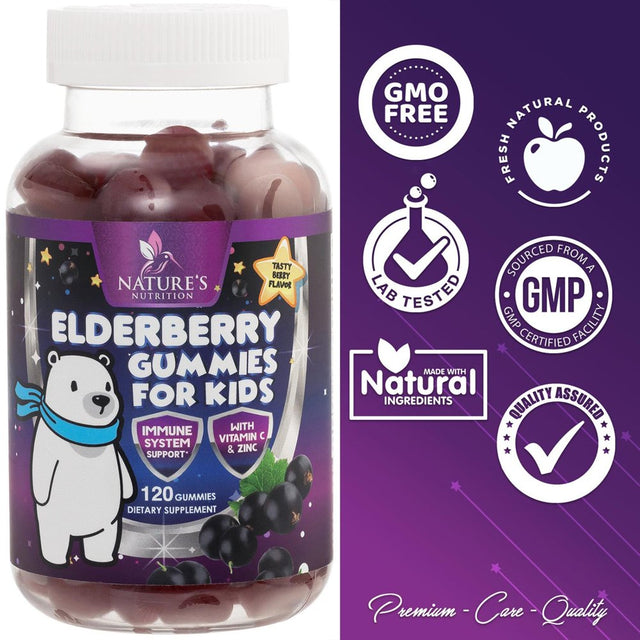 Elderberry Gummies for Kids with Vitamin C, Zinc & Sambucus Black Elderberry Extract - Daily Childrens Immune Support Vitamins Gummy Supplement, Non-Gmo, Vegan, Natural Berry Flavor - 120 Gummies