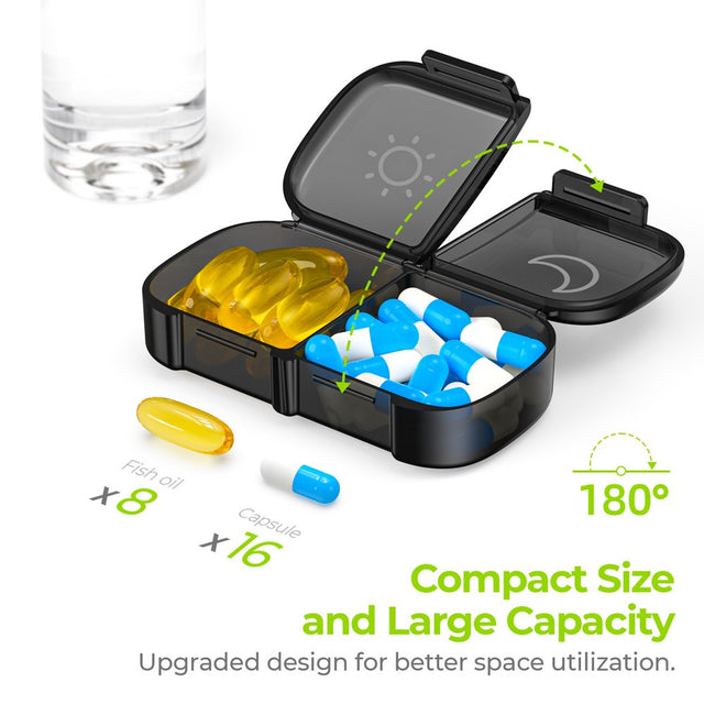 AUVON XL Weekly Pill Organizer 2 Times a Day, Pill Box 7 Day with One-Side Large Opening Design for Easy Filling, Black Privacy Protection AM PM Plastic Pill Case