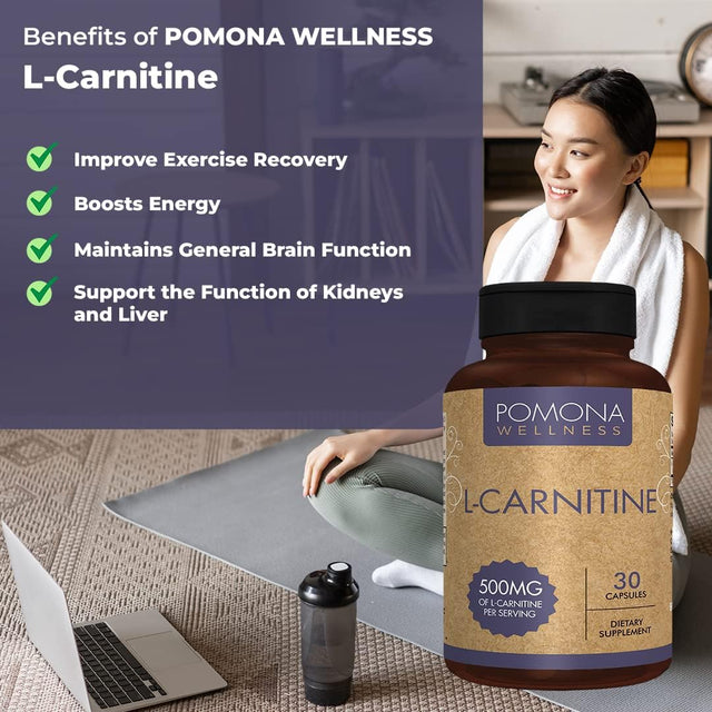 Pomona Wellness L- Carnitine, Helps Boost Metabolism, Supports Cognitive Health Cardiovascular Functions and Metabolic Health, 500Mg per Serving, Non-Gmo, 30 Capsules