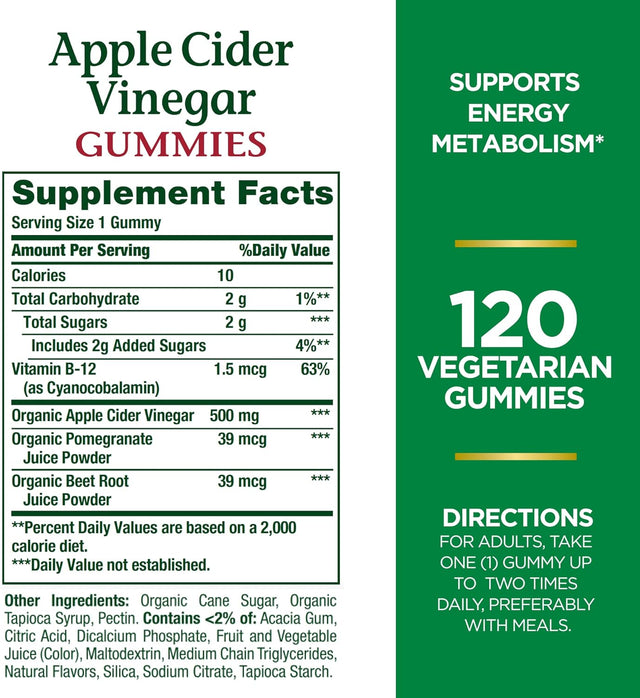 Nature'S Bounty Apple Cider Vinegar Gummies - Energy & Metabolism Supplements - Unfiltered Liquid ACV with the Mother, Non-Gmo, Vegetarian, Vitamin B12, Beet Root, Pomegranate (500 Mg, 120 Count)