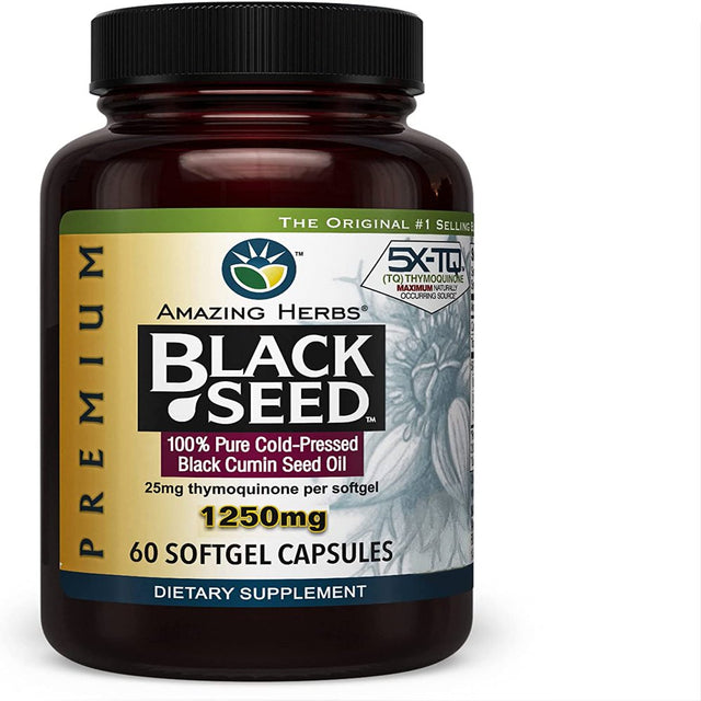 Amazing Herbs Premium Black Seed Oil Capsules - High Potency, Cold Pressed Nigella Sativa Aids in Digestive Health, Immune Support & Brain Function - 60 Count, 1250Mg (Pack of 3)