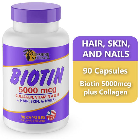 Sunshine Naturals Biotin 5000 Mcg plus Collagen Supplement for Hair Nails and Skin Vitamins, 90 Capsules, Dietary Supplements for Hair Growth, Hair and Nail Vitamins