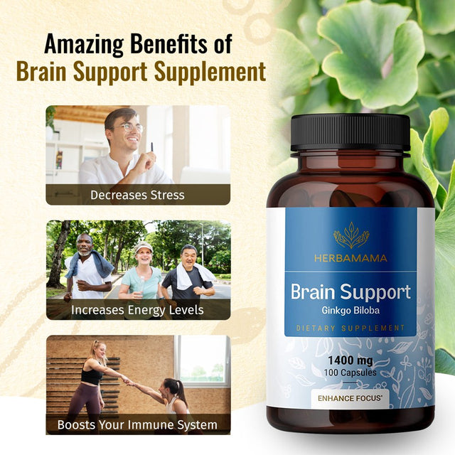 HERBAMAMA Brain Support 100 Caps- Memory & Focus Supplement- Ginkgo Biloba, Ginseng, Bacopa